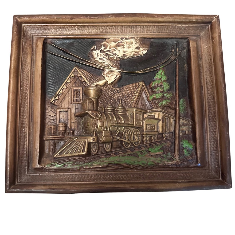 Vintage PRR Steam Train 3D Relief Wall Art Plaque Brown Gold 11x9 Railroad